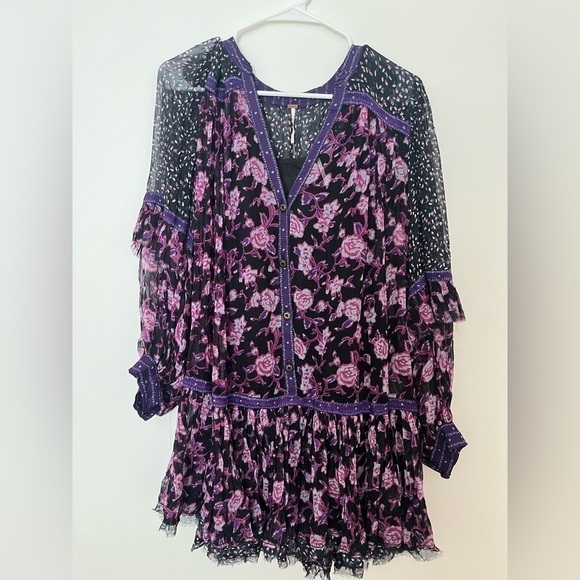 Free People Rosebud print mix mini dress tunic black combo floral - Picture 4 of 11